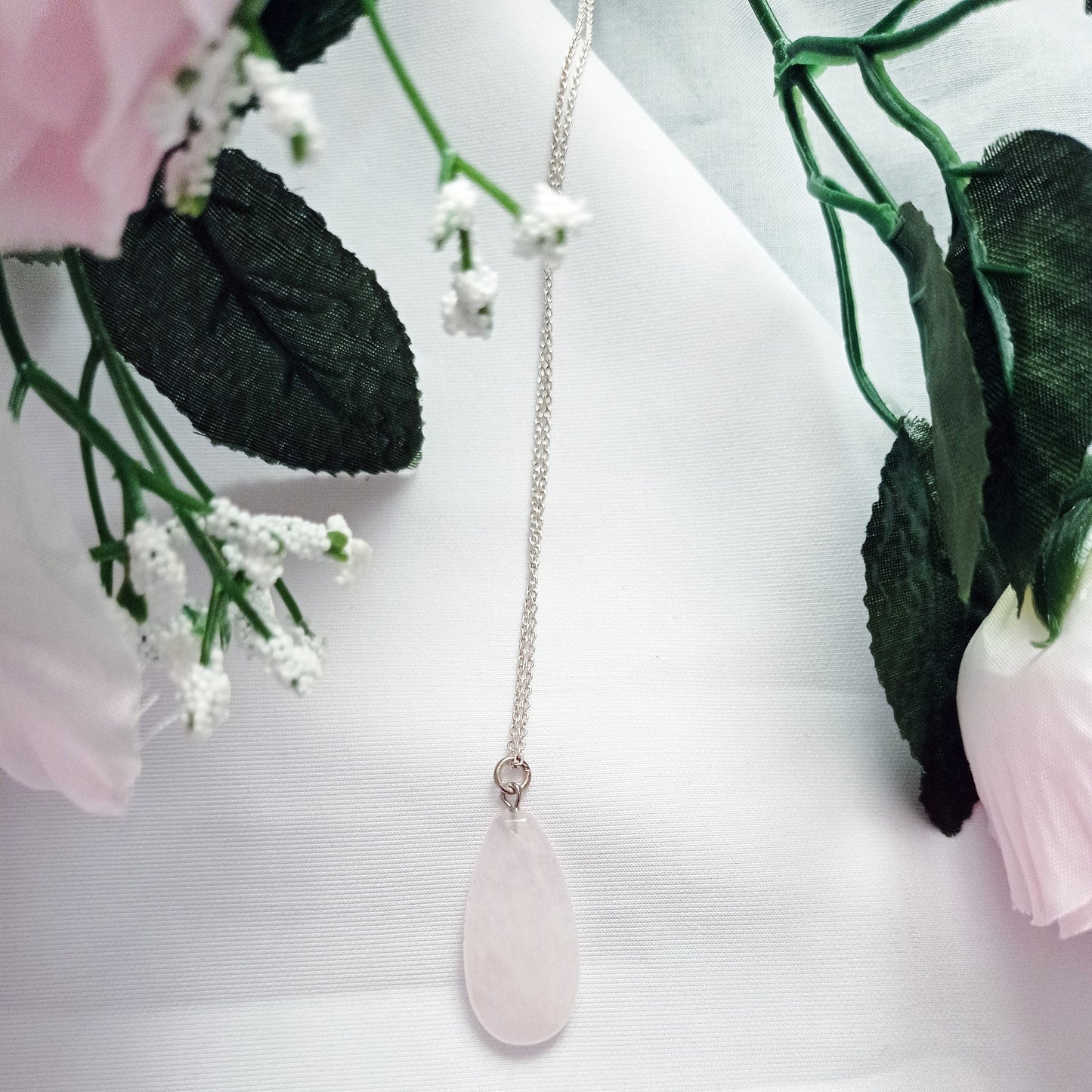 Rose Quartz Necklace, Rose Quartz Sterling Silver necklace, Rose Quartz Teardrop Pendant Necklace | by nlanlaVictory